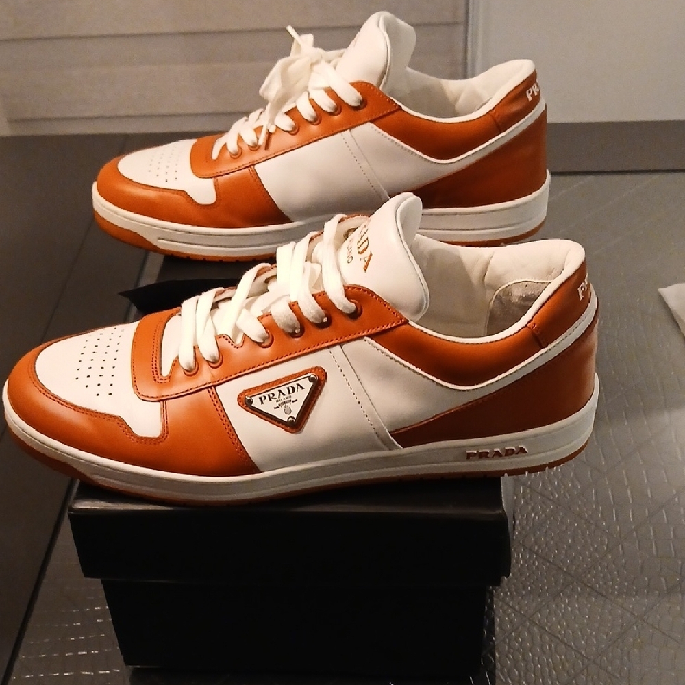 Prada Men's Downtown Low Top White and Orange Sneakers - Picture 4 of 14